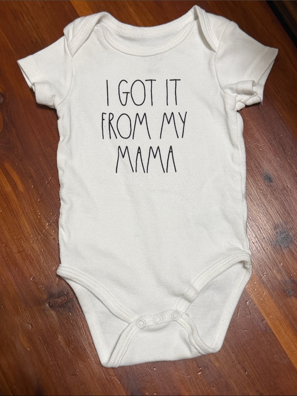 Rae Dunn White Baby Bodysuit with Black 'I Got It From My Mama' Text